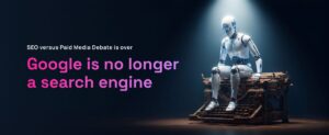 Pink and purple text reading Google is no longer a search engine, with an animated robot sitting under a light