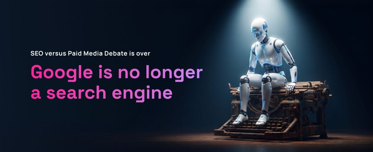 Pink and purple text reading Google is no longer a search engine, with an animated robot sitting under a light